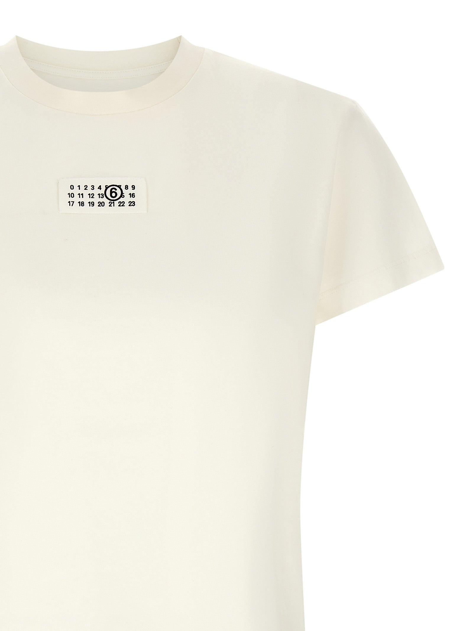 T-Shirt by MM6 Maison Margiela for women in cotton white & signature showcases a fashionable silhouette, elegantly detailed with a fashionable and for a sophisticated, high-fashion look.