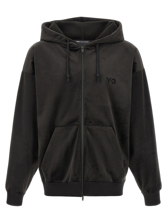 Sweatshirt Hoodie by Y-3 for men in polyester velvet black features an luminous silhouette, showcasing a sophisticated hooded neckline and for a truly luminous look.