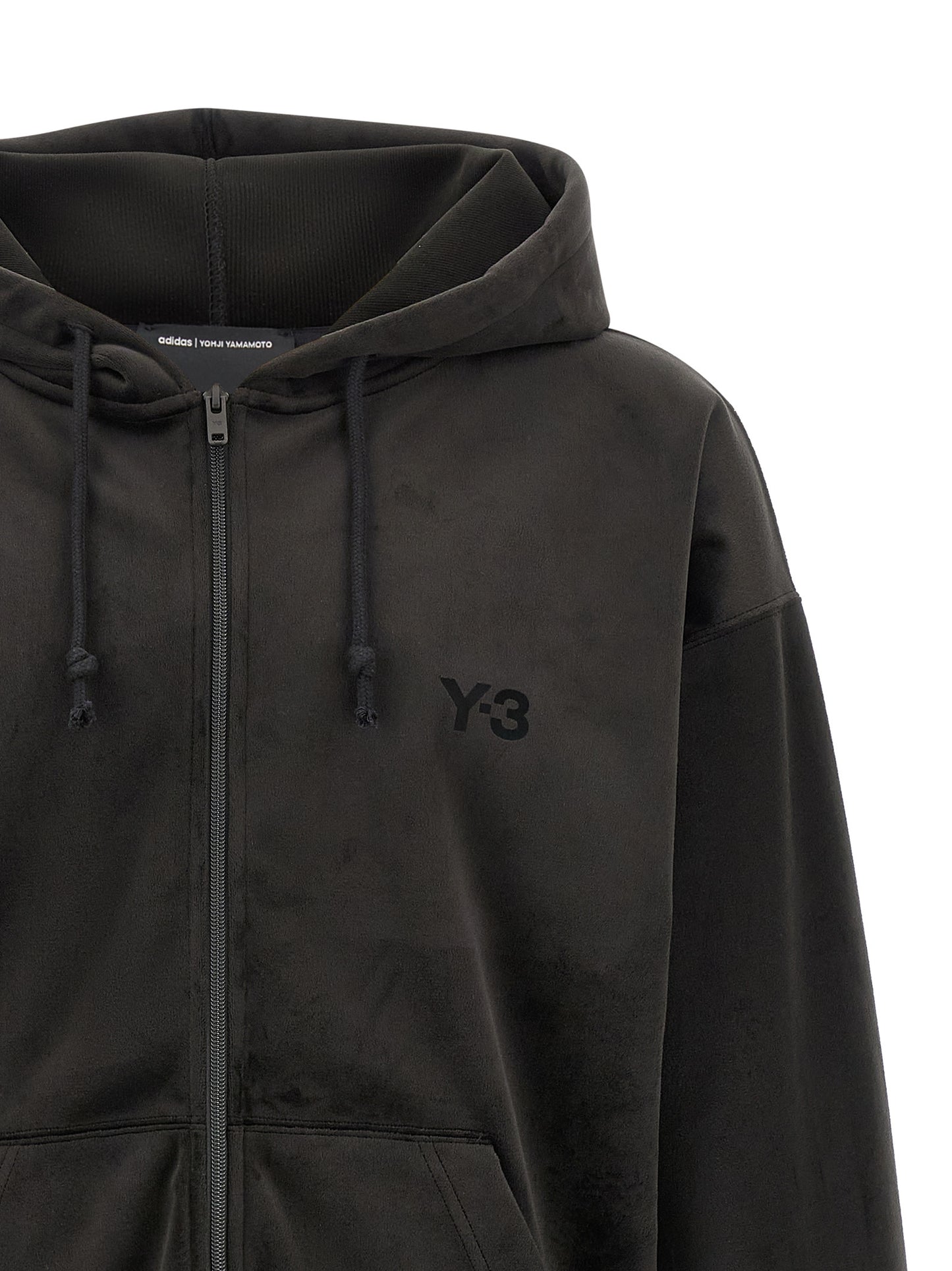 Sweatshirt Hoodie by Y-3 for men in polyester velvet black features an avant-garde silhouette, showcasing a sophisticated hooded neckline and detail for a truly avant-garde finish.