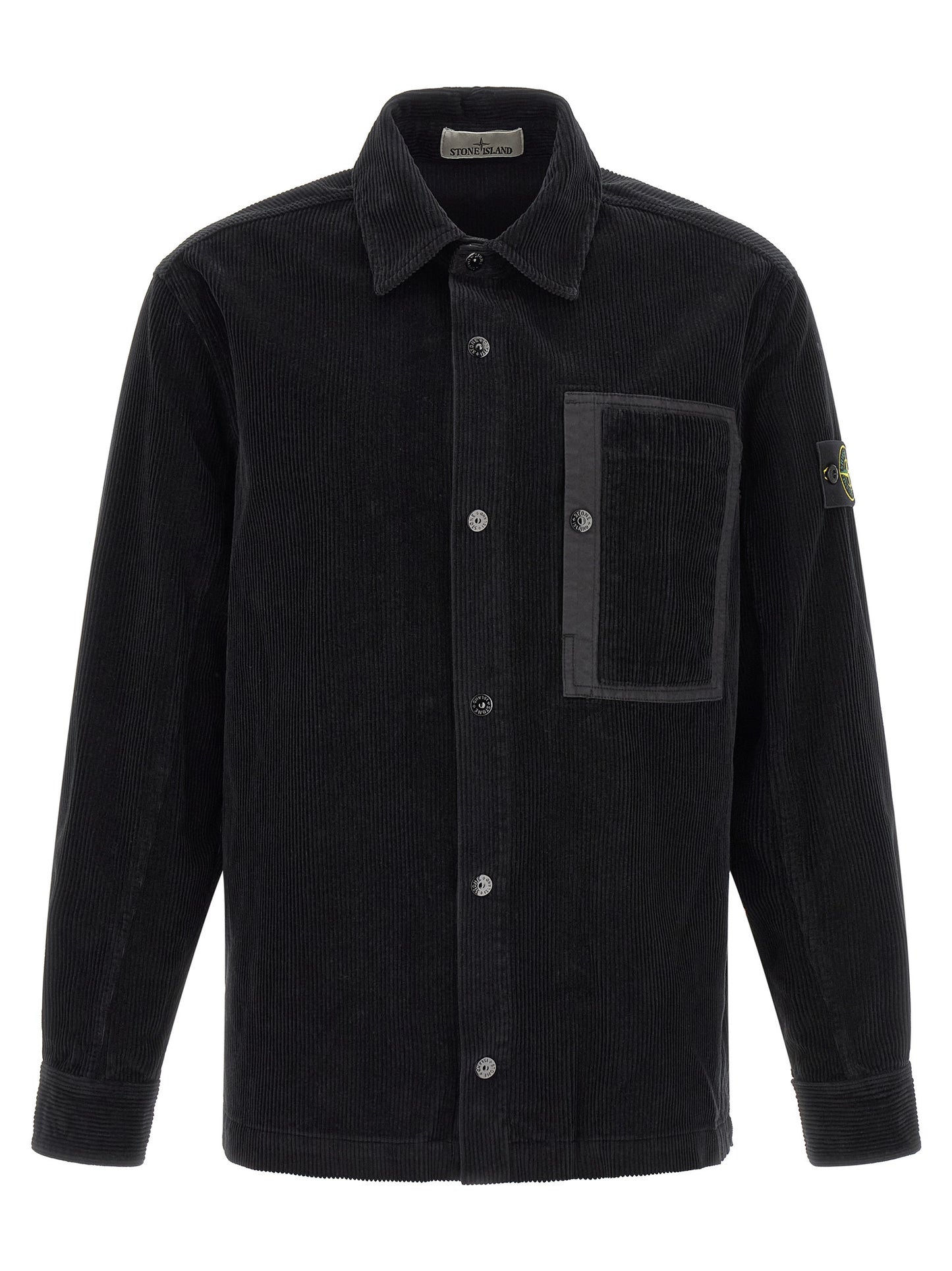 Overshirt by Stone Island for men in cotton corduroy black & signature showcases a sublime silhouette, artfully detailed with a sublime and for a sophisticated, sublime finish.