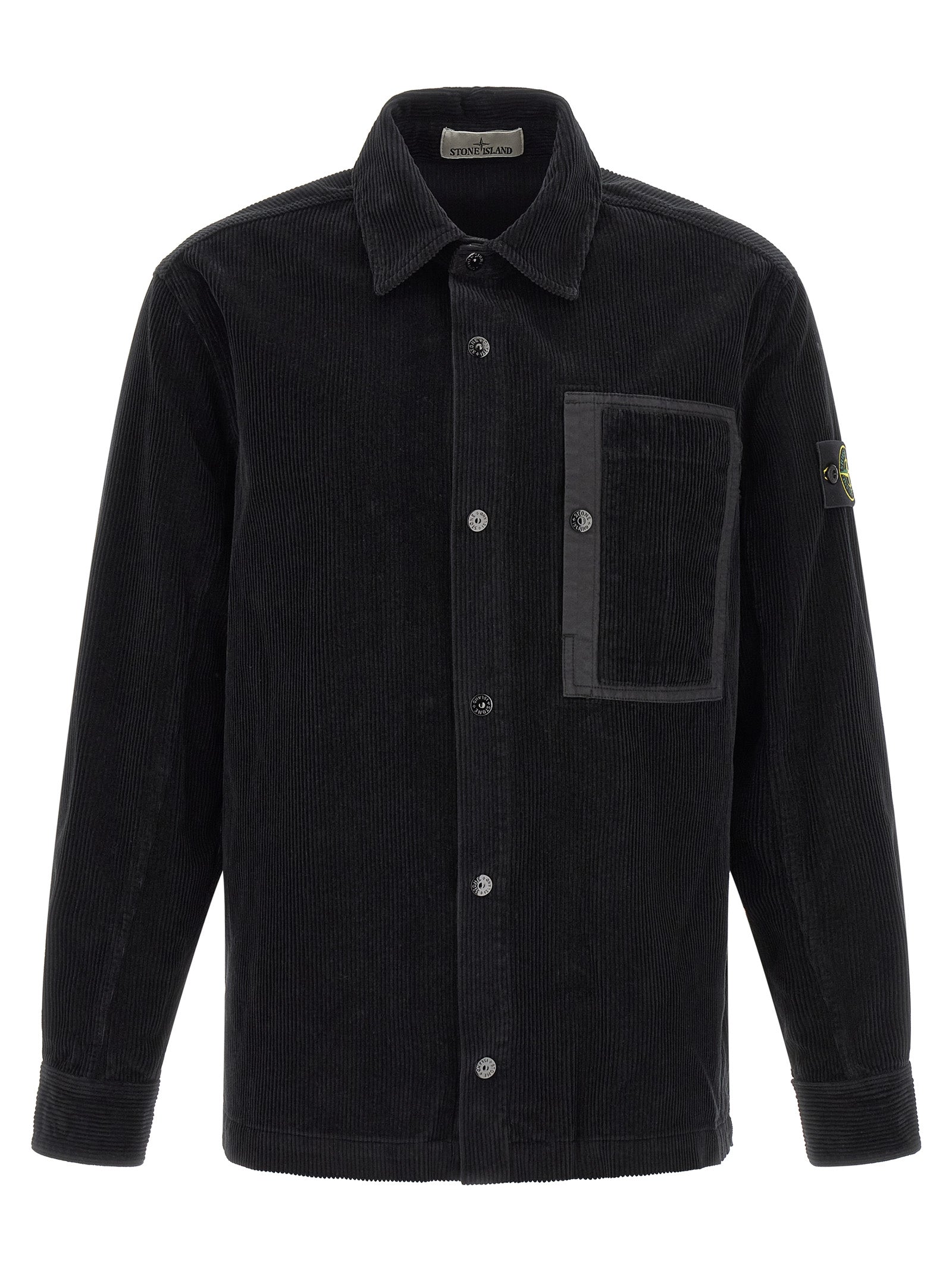 Overshirt by Stone Island for men in cotton corduroy black & signature showcases a sublime silhouette, artfully detailed with a sublime and for a sophisticated, sublime finish.