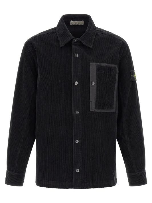 Overshirt by Stone Island for men in cotton corduroy black & signature showcases a sublime silhouette, artfully detailed with a sublime and for a sophisticated, sublime finish.