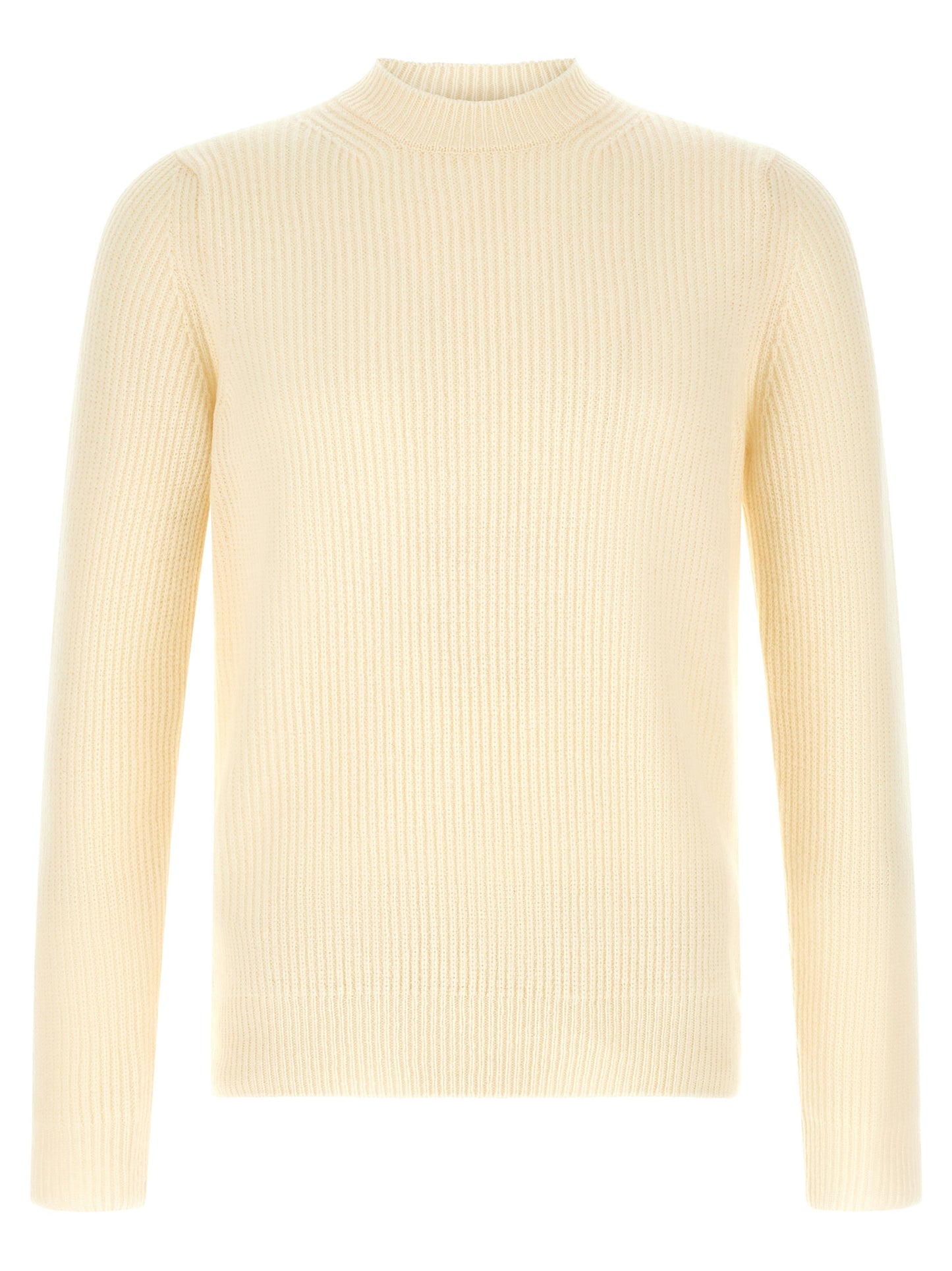 Cardigan by ZANONE for men in virgin wool cream & white features a dramatic silhouette, showcasing a sophisticated crew neckline and dramatic detail for a timeless, premium look.