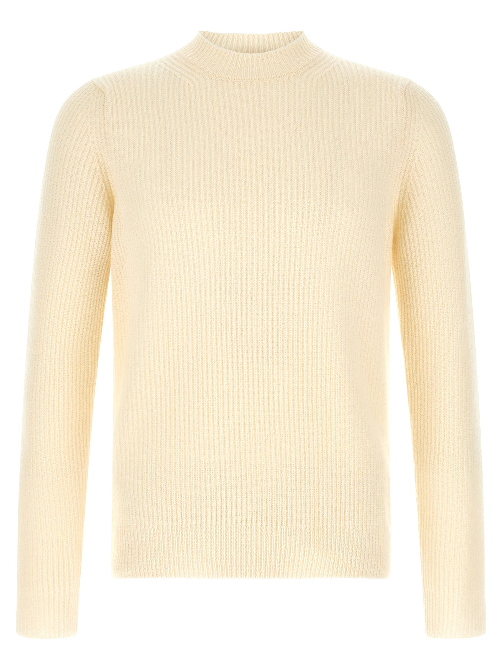 Cardigan by ZANONE for men in virgin wool cream & white features a dramatic silhouette, showcasing a sophisticated crew neckline and dramatic detail for a timeless, premium look.