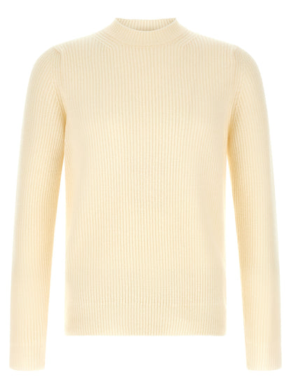 Cardigan by ZANONE for men in virgin wool cream & white features a dramatic silhouette, showcasing a sophisticated crew neckline and dramatic detail for a timeless, premium look.
