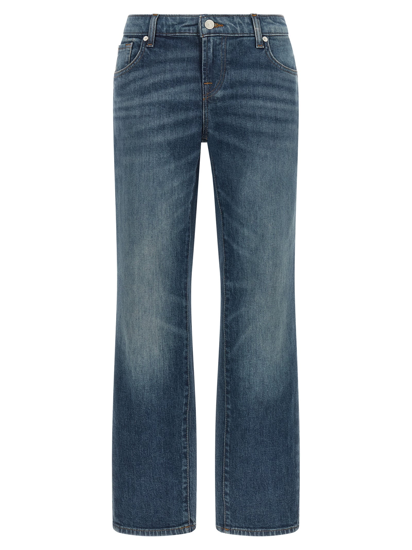 Jeans by 7 For All Mankind for women in stretch denim cotton blue features an refined tailoring silhouette, showcasing a premium tapered-leg, straight & cigarette with a low rise and long cut for a refined tailoring look.