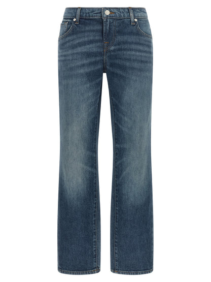 Jeans by 7 For All Mankind for women in stretch denim cotton blue features an refined tailoring silhouette, showcasing a premium tapered-leg, straight & cigarette with a low rise and long cut for a refined tailoring look.