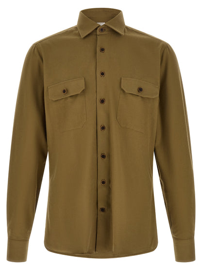 Blouse by BORRIELLO for men in cotton bicolour, green, olive & signature features an architectural silhouette with a refined and elegant for a architectural look.