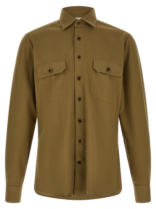 Blouse by BORRIELLO for men in cotton bicolour, green, olive & signature features an architectural silhouette with a refined and elegant for a architectural look.