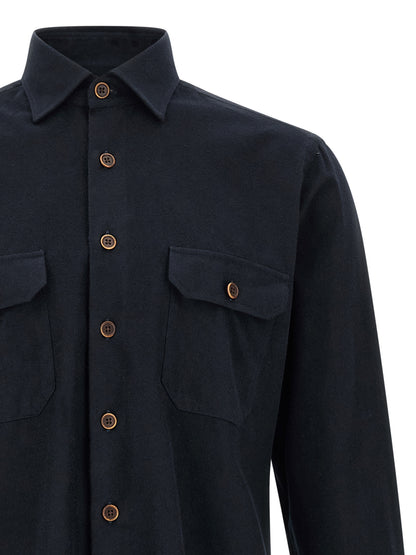 Shirt by BORRIELLO for men in cotton horn & navy features an architectural silhouette with a refined and elegant for a architectural look.