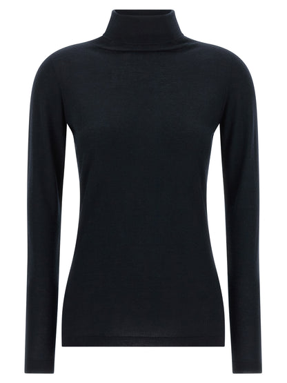 Cardigan by Fabiana Filippi for women in cashmere silk dark-blue & natural features a nuanced silhouette with a refined turtle high-neck neckline and nuanced detailing for a sophisticated look.