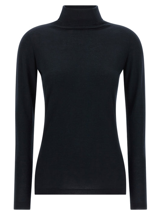 Cardigan by Fabiana Filippi for women in cashmere silk dark-blue & natural features a nuanced silhouette with a refined turtle high-neck neckline and nuanced detailing for a sophisticated look.