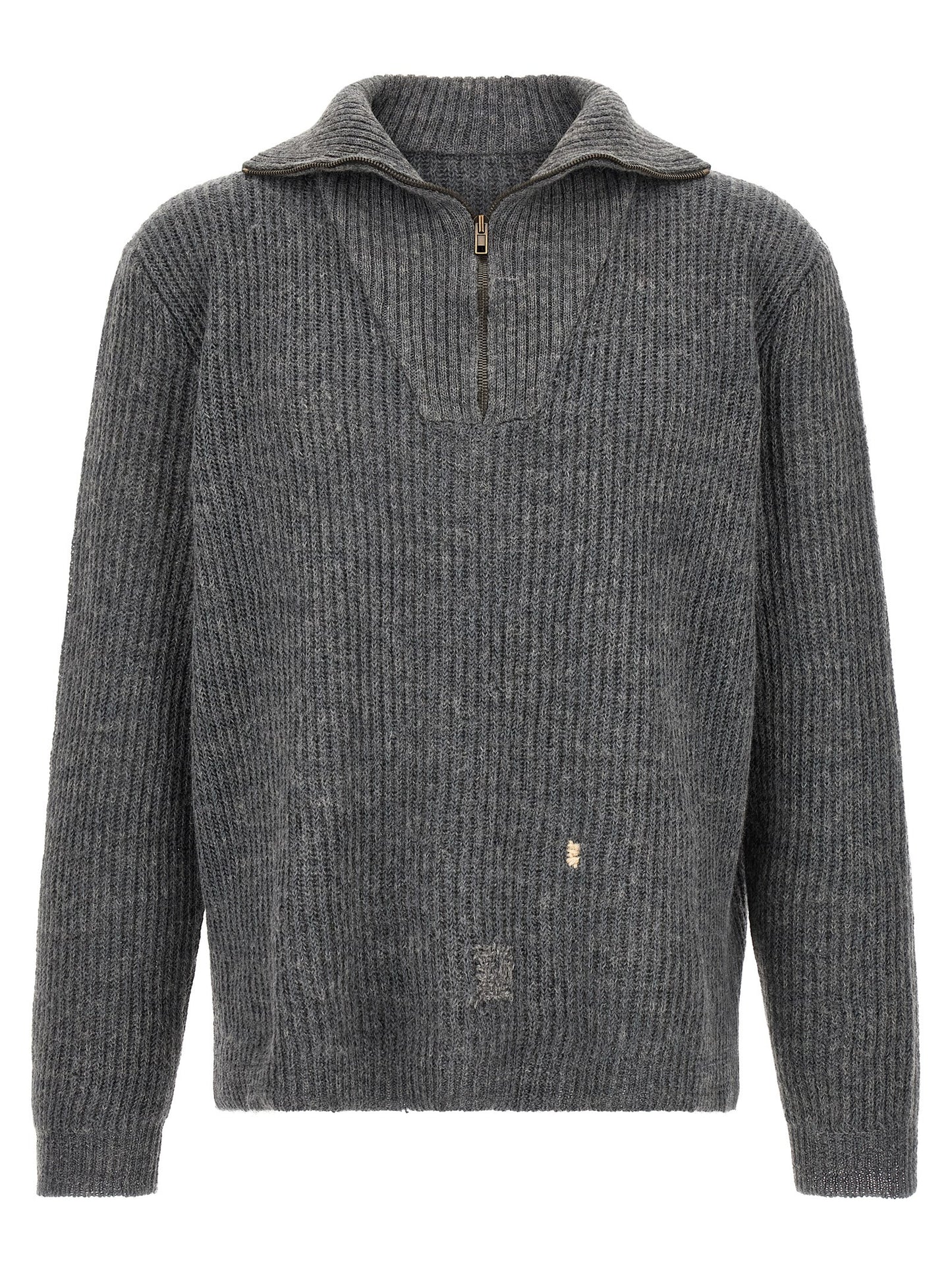 Cardigan by Maison Margiela for men in linen & wool gray & white features a dramatic silhouette, showcasing a sophisticated high-neck neckline and dramatic detail for a timeless, premium look.