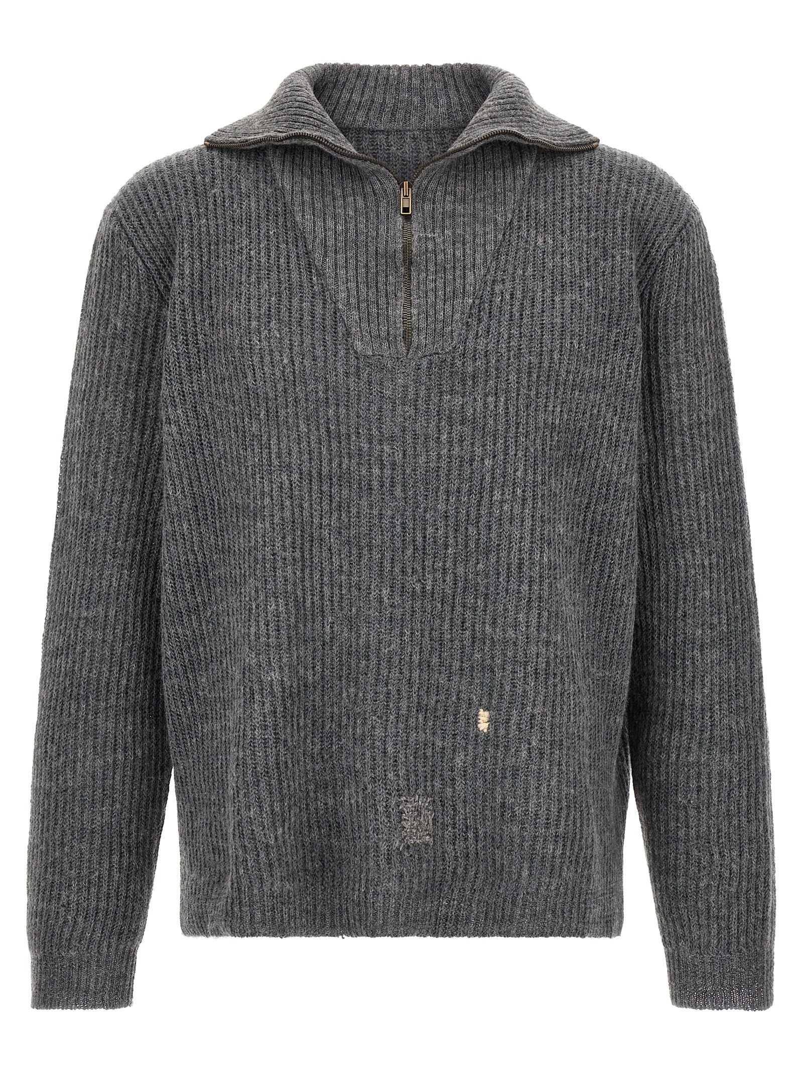 Cardigan by Maison Margiela for men in linen & wool gray & white features a dramatic silhouette, showcasing a sophisticated high-neck neckline and dramatic detail for a timeless, premium look.