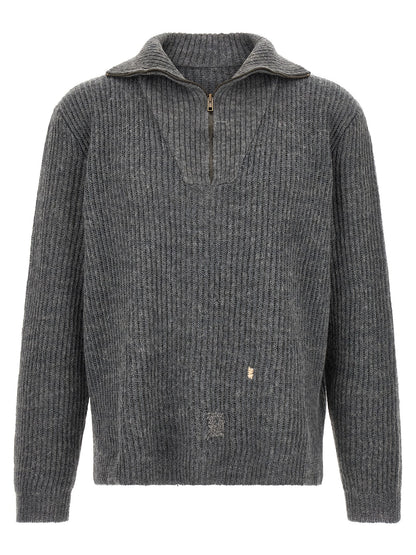 Cardigan by Maison Margiela for men in linen & wool gray & white features a dramatic silhouette, showcasing a sophisticated high-neck neckline and dramatic detail for a timeless, premium look.