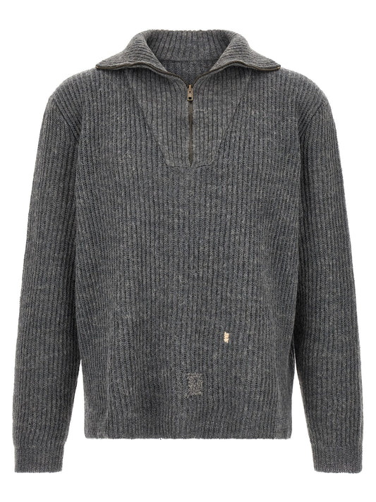 Cardigan by Maison Margiela for men in linen & wool gray & white features a dramatic silhouette, showcasing a sophisticated high-neck neckline and dramatic detail for a timeless, premium look.