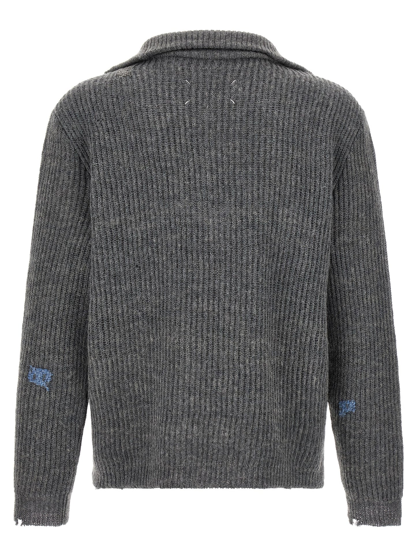 Cardigan by Maison Margiela for men in linen & wool gray & white features an impeccable silhouette, showcasing a sophisticated high-neck neckline and detail for a truly impeccable finish.