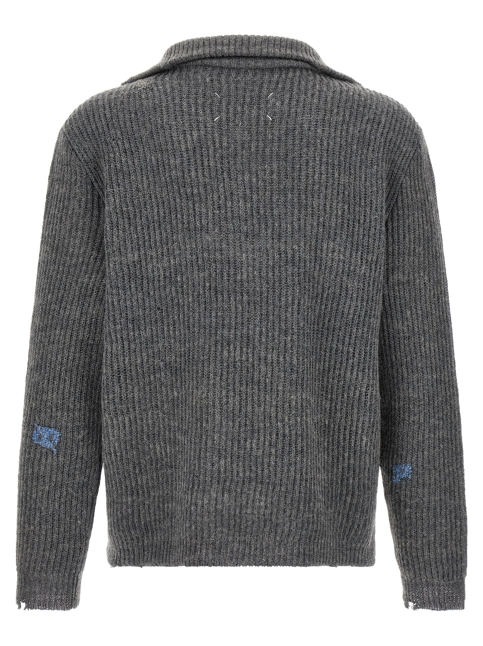 Cardigan by Maison Margiela for men in linen & wool gray & white features an impeccable silhouette, showcasing a sophisticated high-neck neckline and detail for a truly impeccable finish.