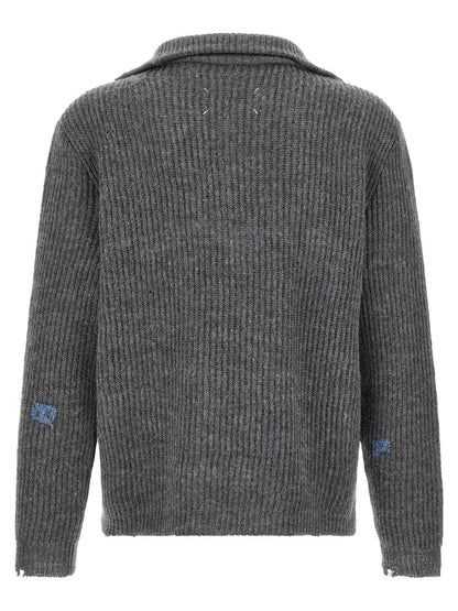 Cardigan by Maison Margiela for men in linen & wool gray & white features an impeccable silhouette, showcasing a sophisticated high-neck neckline and detail for a truly impeccable finish.
