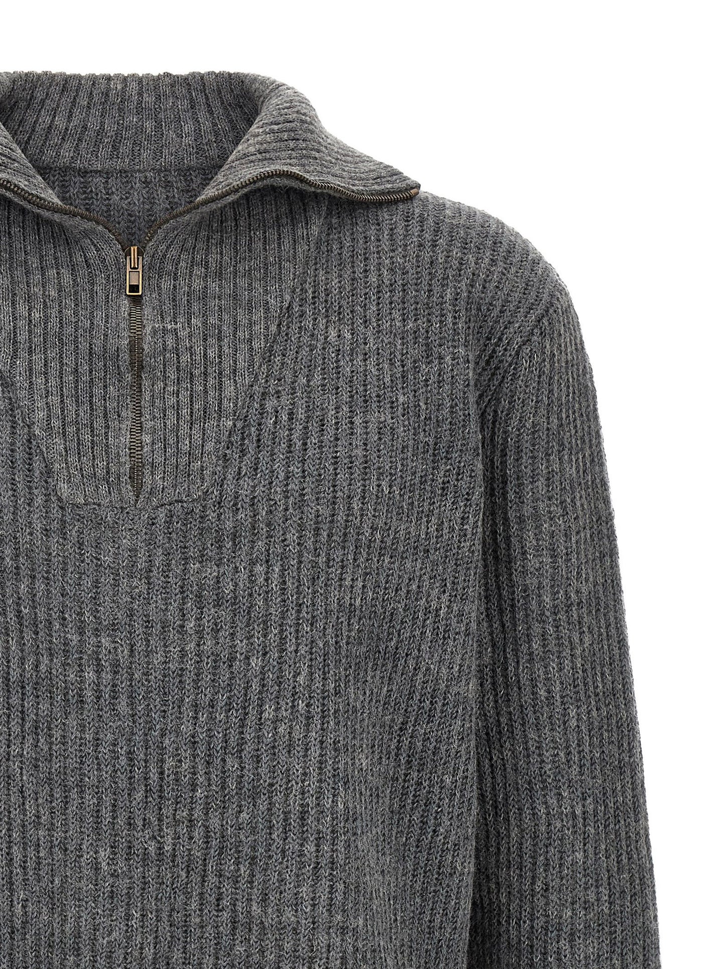 Cardigan by Maison Margiela for men in linen & wool gray & white features a nuanced silhouette with a refined high-neck neckline and nuanced detailing for a sophisticated look.