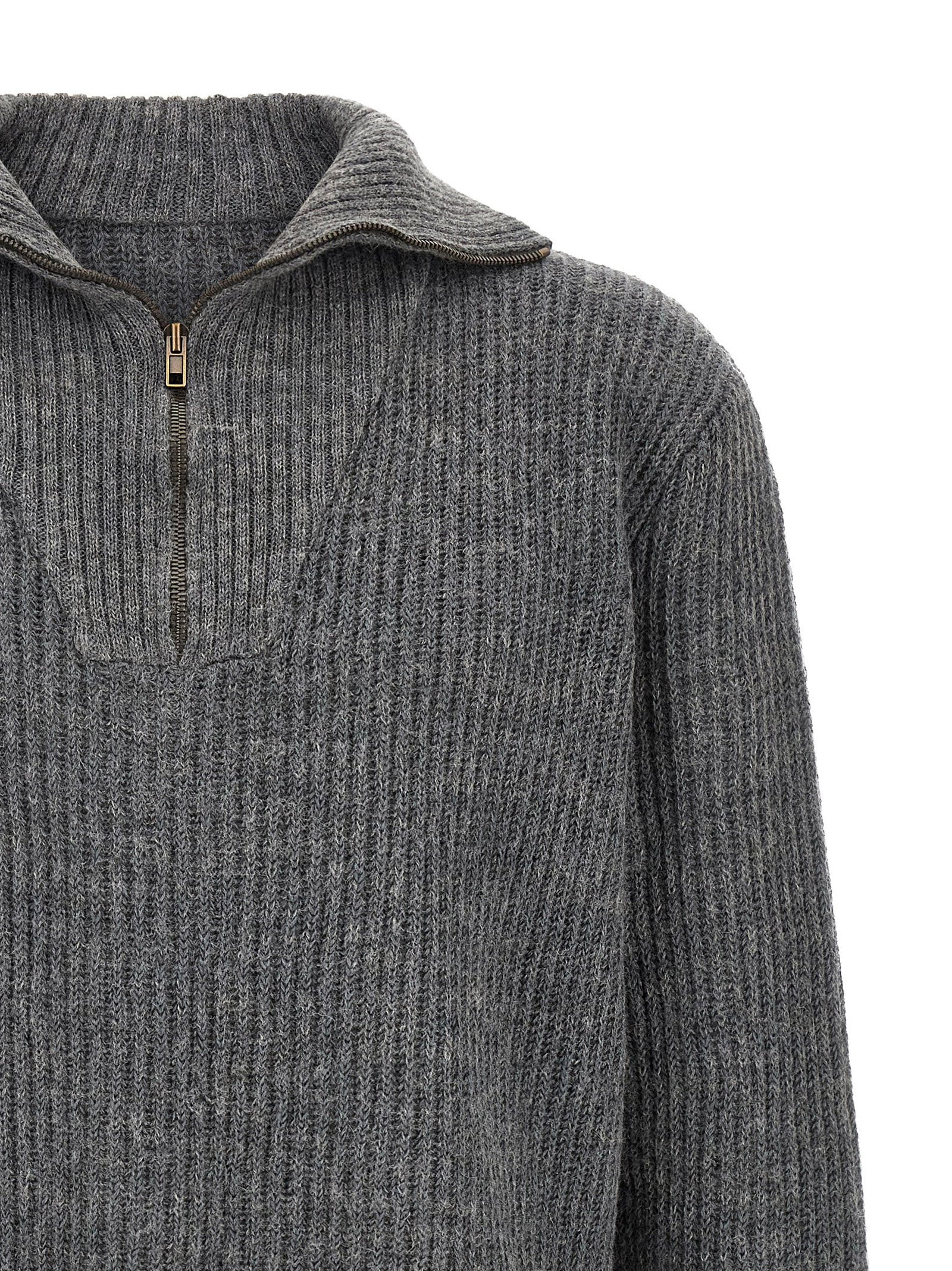 Cardigan by Maison Margiela for men in linen & wool gray & white features a nuanced silhouette with a refined high-neck neckline and nuanced detailing for a sophisticated look.