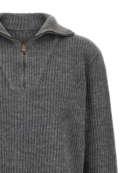 Cardigan by Maison Margiela for men in linen & wool gray & white features a nuanced silhouette with a refined high-neck neckline and nuanced detailing for a sophisticated look.