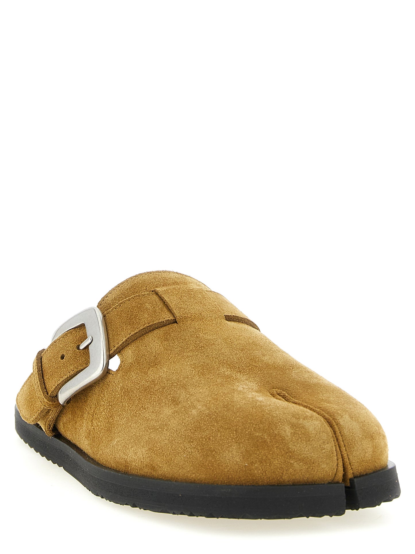 Flat Mule Mules Strap Shoes by Maison Margiela for men in calfskin leather black, brown, camel & silver showcases a resplendent Men's Calfskin Leather Flat Mule Mules Strap Shoes aesthetic, defined by its resplendent and elegant flat.
