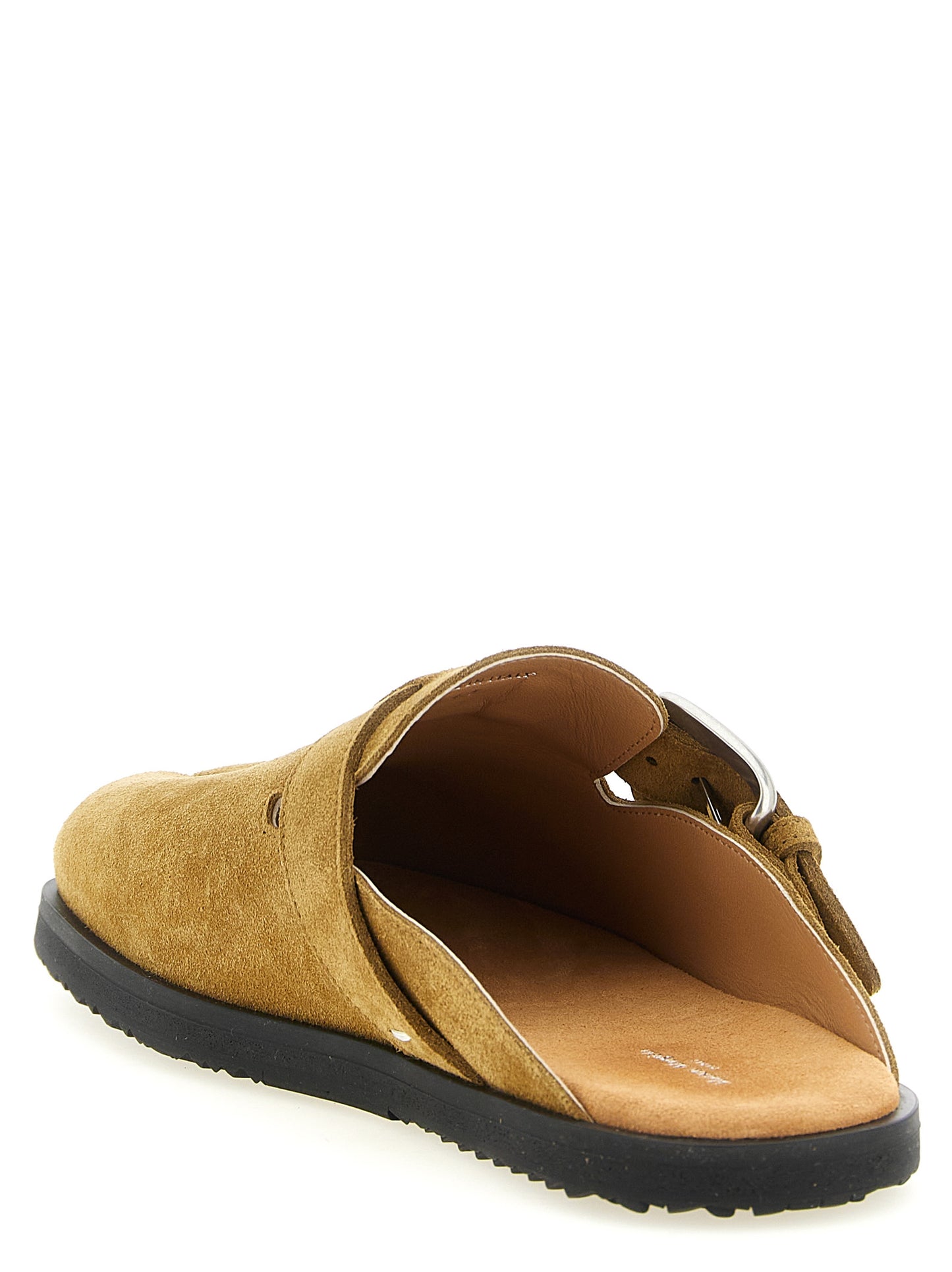Flat Mule Mules Strap Shoes by Maison Margiela for men in calfskin leather black, brown, camel & silver features an effortless chic silhouette, showcasing the Men's Calfskin Leather Flat Mule Mules Strap Shoes design with an effortless chic flat and a for a effortless chic look.