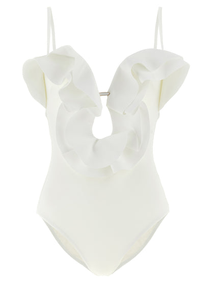 One-Piece Swimsuit by Zimmermann for women in stretch polyamide white features an jaw dropping silhouette, showcasing the jaw dropping Crisp Women's Stretch Polyamide One-Piece Swimsuit design with a sophisticated cut for a jaw dropping finish.