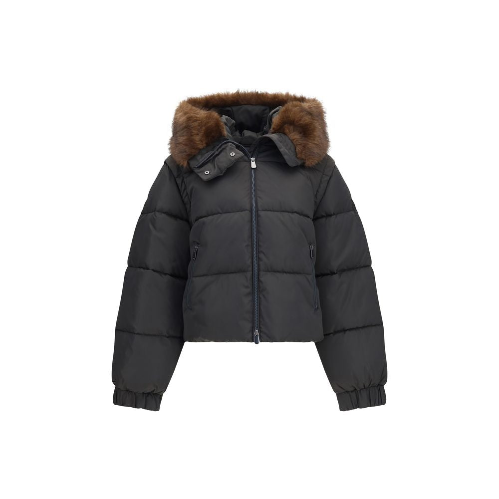 Hooded Puffer Jacket by PINKO for women in polyester goose down & faux fur brown features an contemporary silhouette, showcasing a sophisticated hooded neckline and contemporary pockets, hooded & insulated for a truly refined look.