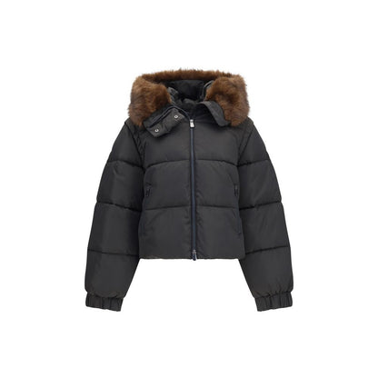 Hooded Puffer Jacket by PINKO for women in polyester goose down & faux fur brown features an contemporary silhouette, showcasing a sophisticated hooded neckline and contemporary pockets, hooded & insulated for a truly refined look.