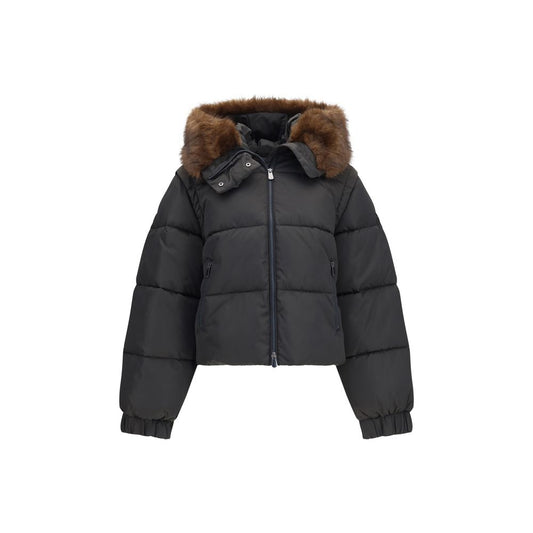 Hooded Puffer Jacket by PINKO for women in polyester goose down & faux fur brown features an contemporary silhouette, showcasing a sophisticated hooded neckline and contemporary pockets, hooded & insulated for a truly refined look.