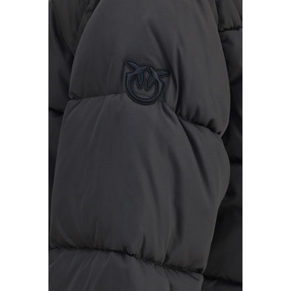 Hooded Puffer Jacket by PINKO for women in polyester goose down & faux fur brown features a dramatic silhouette, showcasing a sophisticated hooded neckline and distinctive pockets, hooded & insulated for a dramatic aesthetic.
