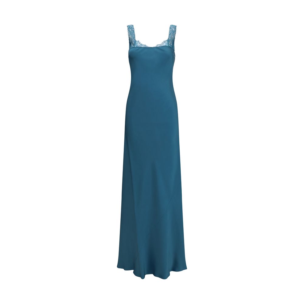 Dress by Forte_Forte for women in viscose satin blue features an cute silhouette, detailed with a sleeveless and square neckline that elegantly flows into a cute maxi long.