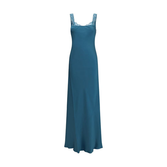 Dress by Forte_Forte for women in viscose satin blue features an cute silhouette, detailed with a sleeveless and square neckline that elegantly flows into a cute maxi long.