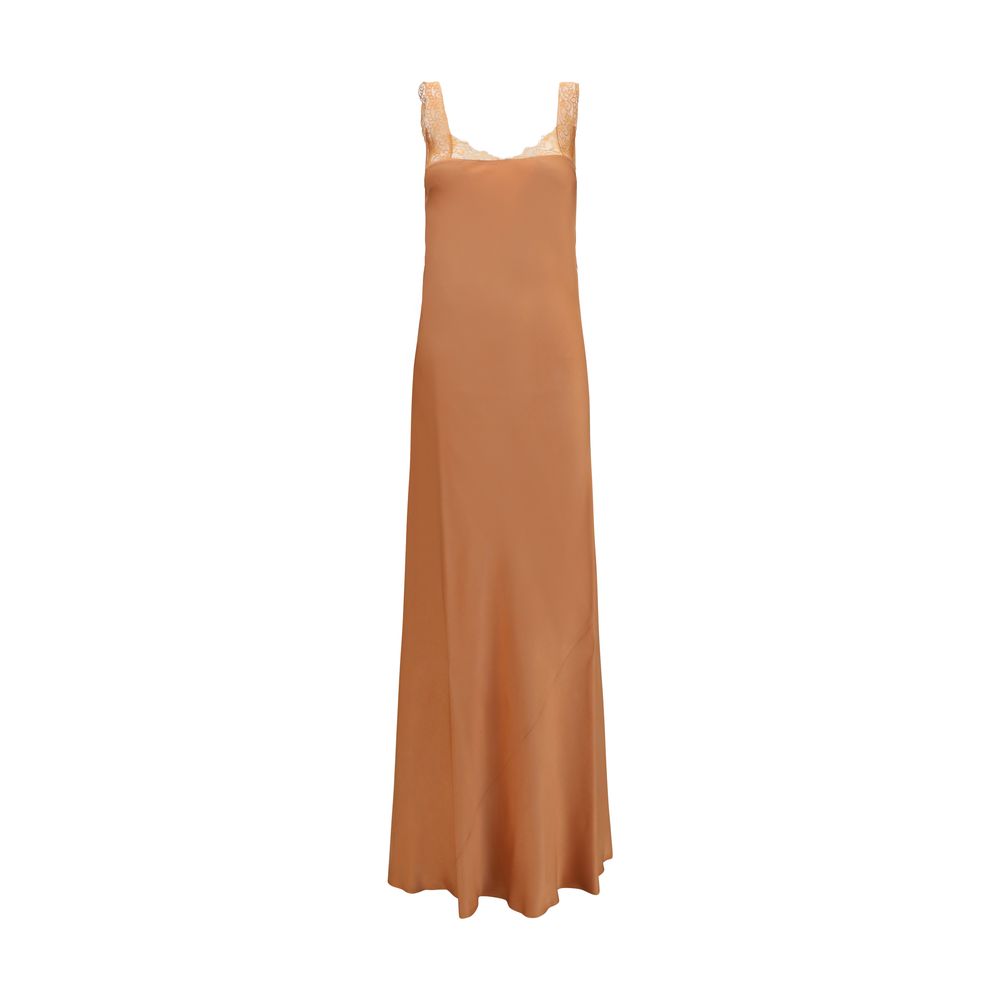 Dress by Forte_Forte for women in viscose satin beige features an sultry silhouette defined by a square neckline and sleeveless, falling to an sultry maxi long for a sultry look.