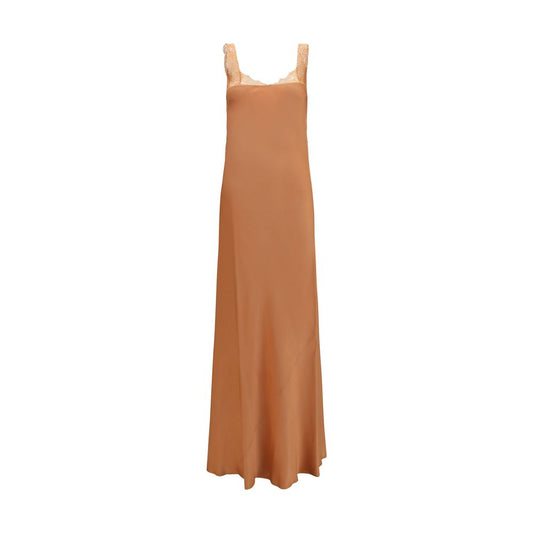 Dress by Forte_Forte for women in viscose satin beige features an sultry silhouette defined by a square neckline and sleeveless, falling to an sultry maxi long for a sultry look.