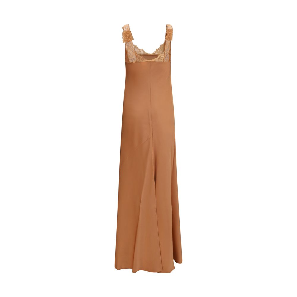 Dress by Forte_Forte for women in viscose satin beige features an eye catching silhouette with a sophisticated square neckline, elegant , and a refined maxi long for a eye catching aesthetic.