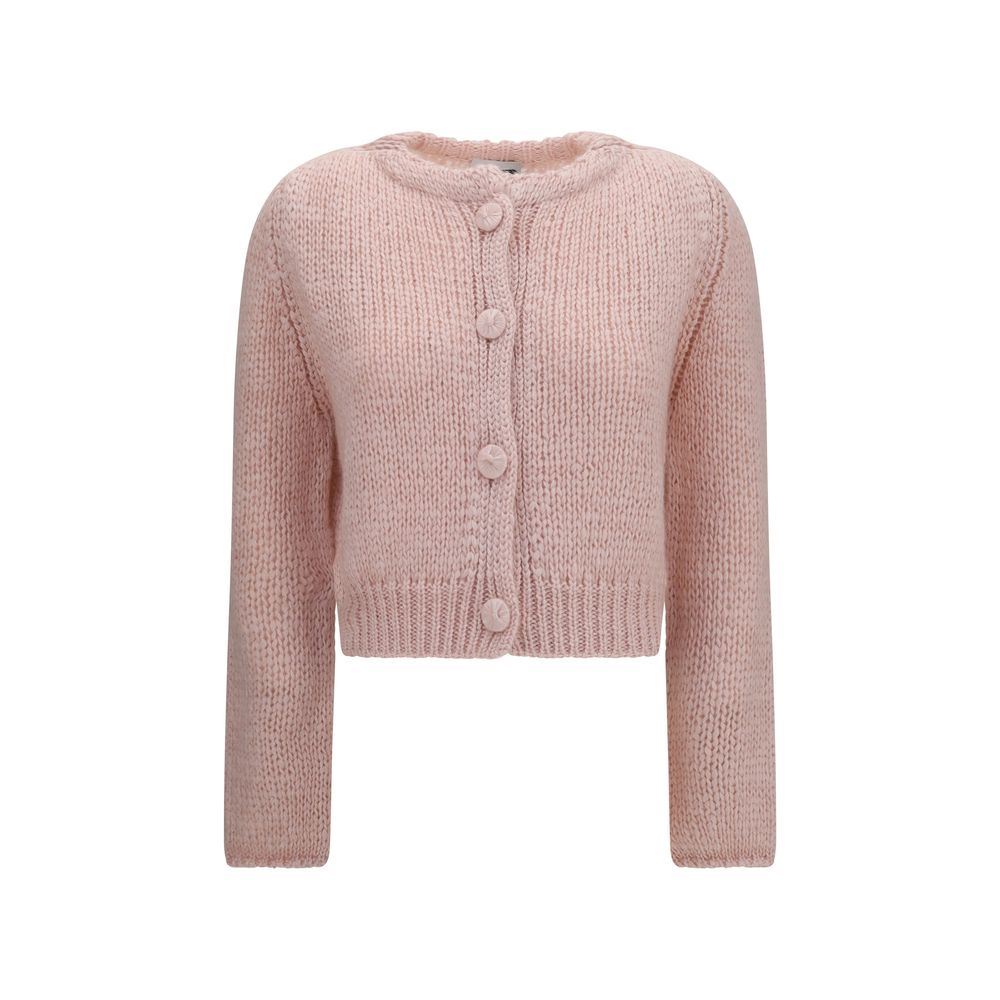 Cardigan by Forte_Forte for women in silk mohair & capra leather multicolor features a dramatic silhouette, showcasing a sophisticated round neckline and dramatic long-sleeve detail for a timeless, premium look.