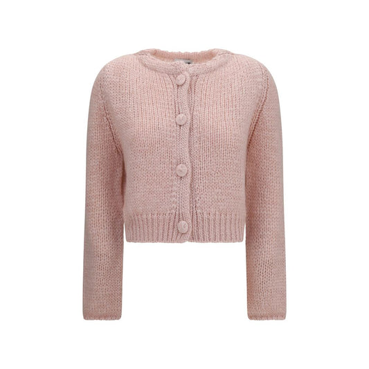 Cardigan by Forte_Forte for women in silk mohair & capra leather multicolor features a dramatic silhouette, showcasing a sophisticated round neckline and dramatic long-sleeve detail for a timeless, premium look.