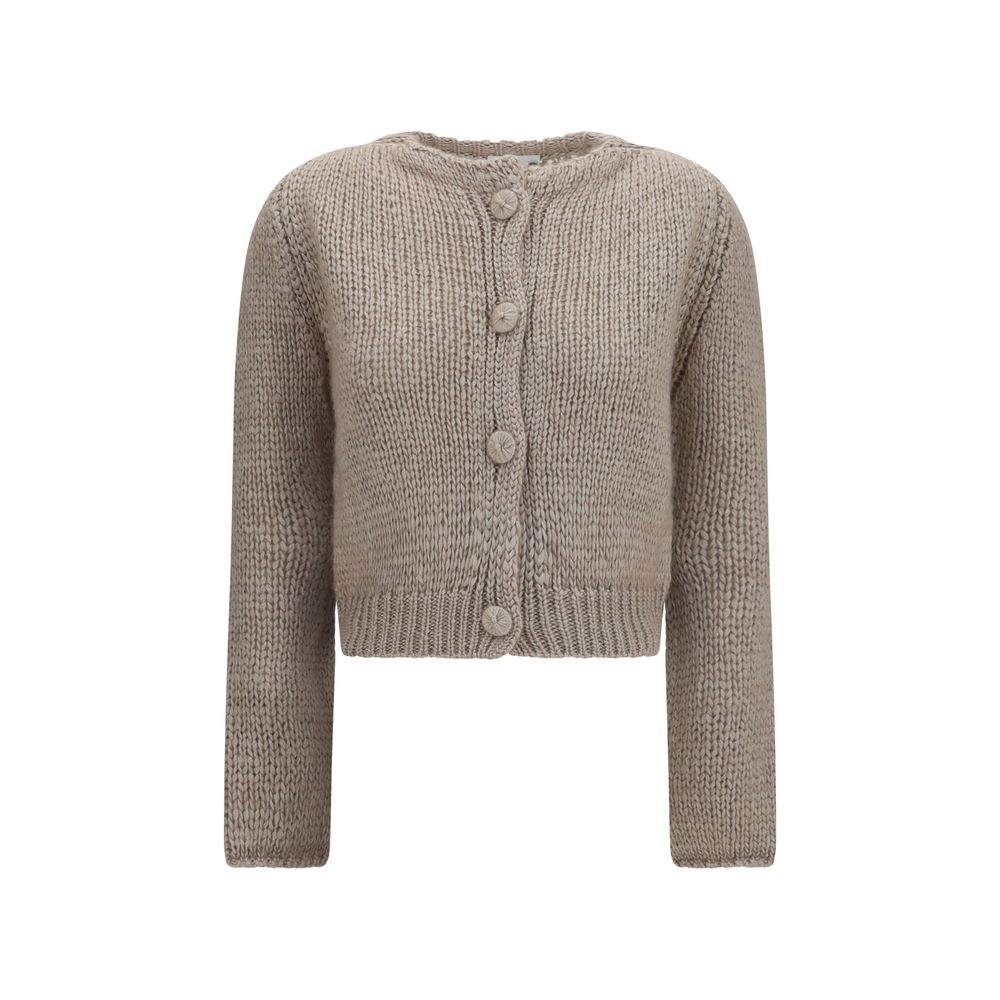 Cardigan by Forte_Forte for women in silk mohair & capra leather beige features a nuanced silhouette with a refined round neckline and nuanced long-sleeve detailing for a sophisticated look.