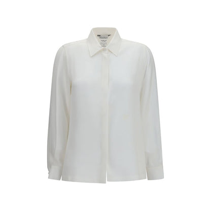 Dress Shirt by Max Mara for women in silk crepe white & monogram features an polished silhouette, showcasing a sophisticated shirt-collar neckline and detail for a truly polished finish.