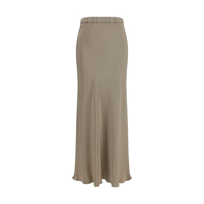 Skirt by Max Mara for women in silk beige & signature showcases a sultry silhouette, elegantly defined by its long and the sophisticated sultry design of the Women's Straight Silk Long Skirt.