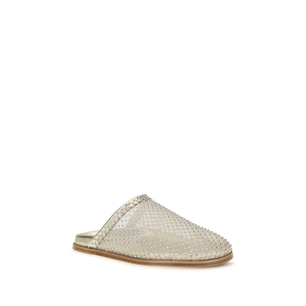 Mules Flat Shoes by Forte_Forte for women in fabric mesh & rhinestone silver & transparent showcases a dynamic silhouette, artfully capturing Women's Fabric Mesh & Rhinestone Mules Flat Shoes through its distinctive and elegant .