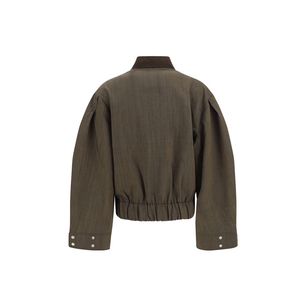 Bomber Jacket by Ganni for women in merino wool bicolour showcases a bohemian silhouette, artfully detailed with a bohemian and signature lightweight & pockets for a truly bohemian finish.