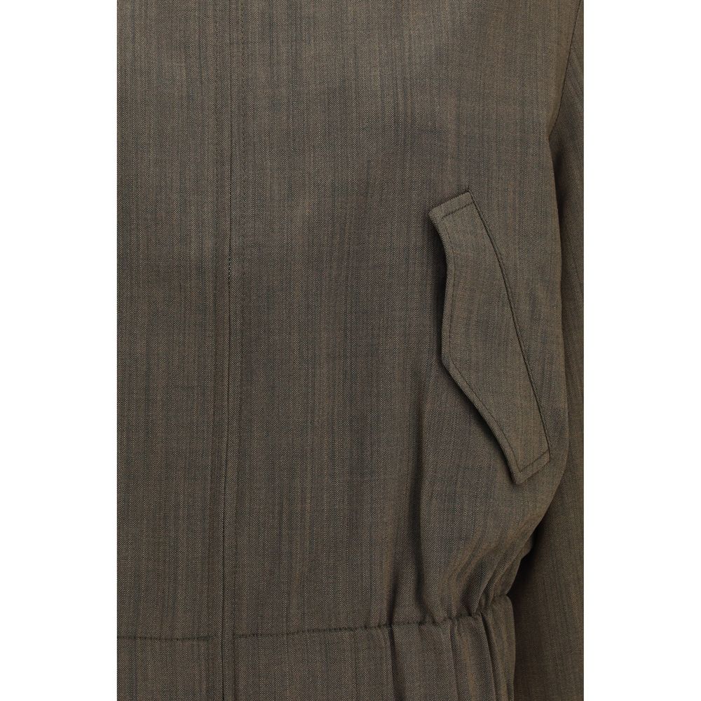 Bomber Jacket by Ganni for women in merino wool bicolour features a dramatic silhouette, showcasing a sophisticated and distinctive lightweight & pockets for a dramatic aesthetic.