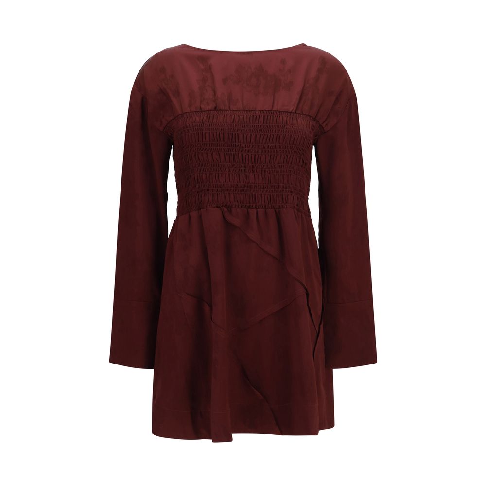 Dress by Ganni for women in polyester satin bordeaux, patterned, floral & print presents a sinuous silhouette, showcasing a sophisticated round neckline and long-sleeve detailed with a sinuous mini for a refined finish.