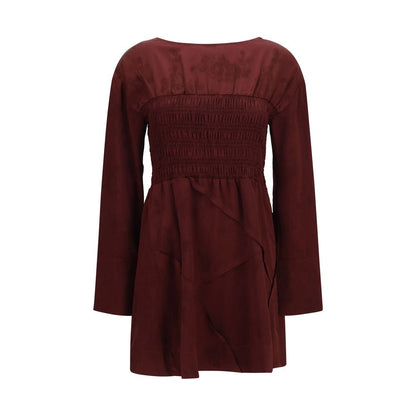 Dress by Ganni for women in polyester satin bordeaux, patterned, floral & print presents a sinuous silhouette, showcasing a sophisticated round neckline and long-sleeve detailed with a sinuous mini for a refined finish.