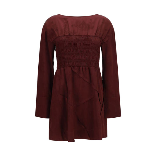 Dress by Ganni for women in polyester satin bordeaux, patterned, floral & print presents a sinuous silhouette, showcasing a sophisticated round neckline and long-sleeve detailed with a sinuous mini for a refined finish.