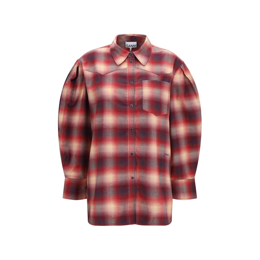 Shirt by Ganni for women in cotton flannel multicolor, red, patterned & checked features an architectural silhouette with a refined and elegant for a architectural look.